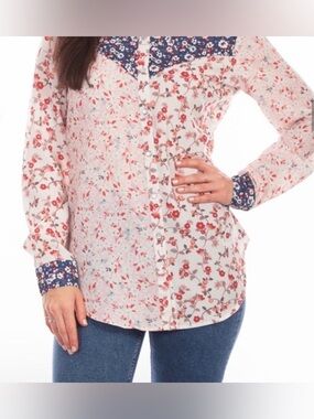 Scully Cream Floral Button-Down Shirt with Navy Floral Yoke